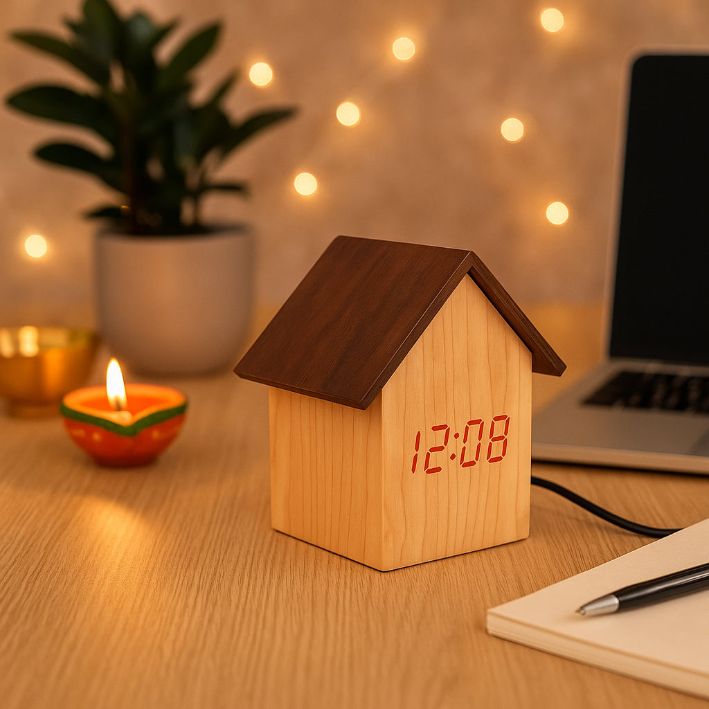 Back view of hut shape wooden LED clock with USB cable