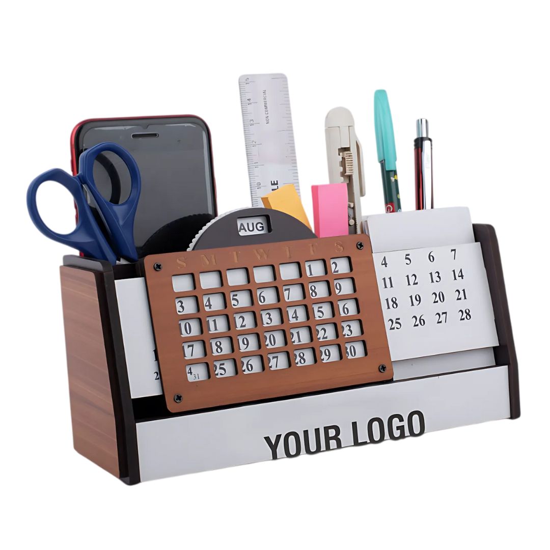 Wooden lifetime calendar desk organizer with pen, phone, and card holder – product shot
