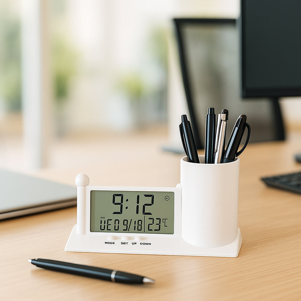 Digital clock with tumbler and pen stand used on office desk with stationery