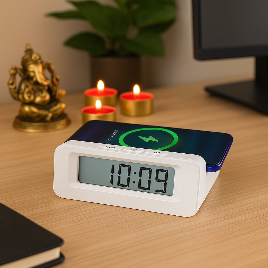 Digital clock with 10W wireless charger showing phone charging on top