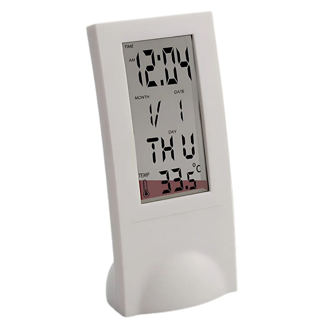 Digital see-thru table clock with LCD display showing time, date, day, and temperature