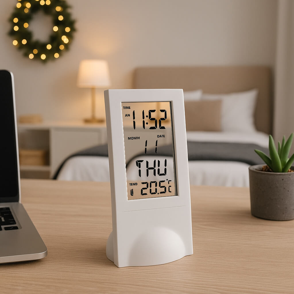 Modern see-thru digital table clock on wooden desk in ambient setting