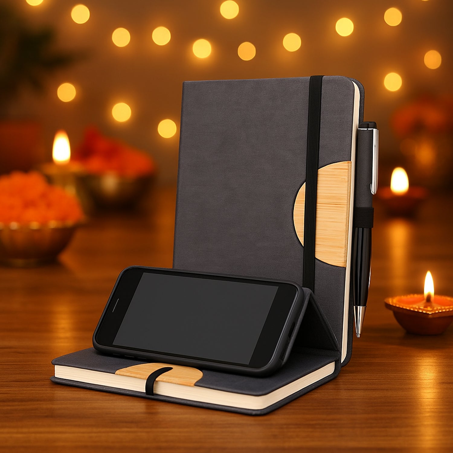 Bamboo notebook folded into phone stand for video calls