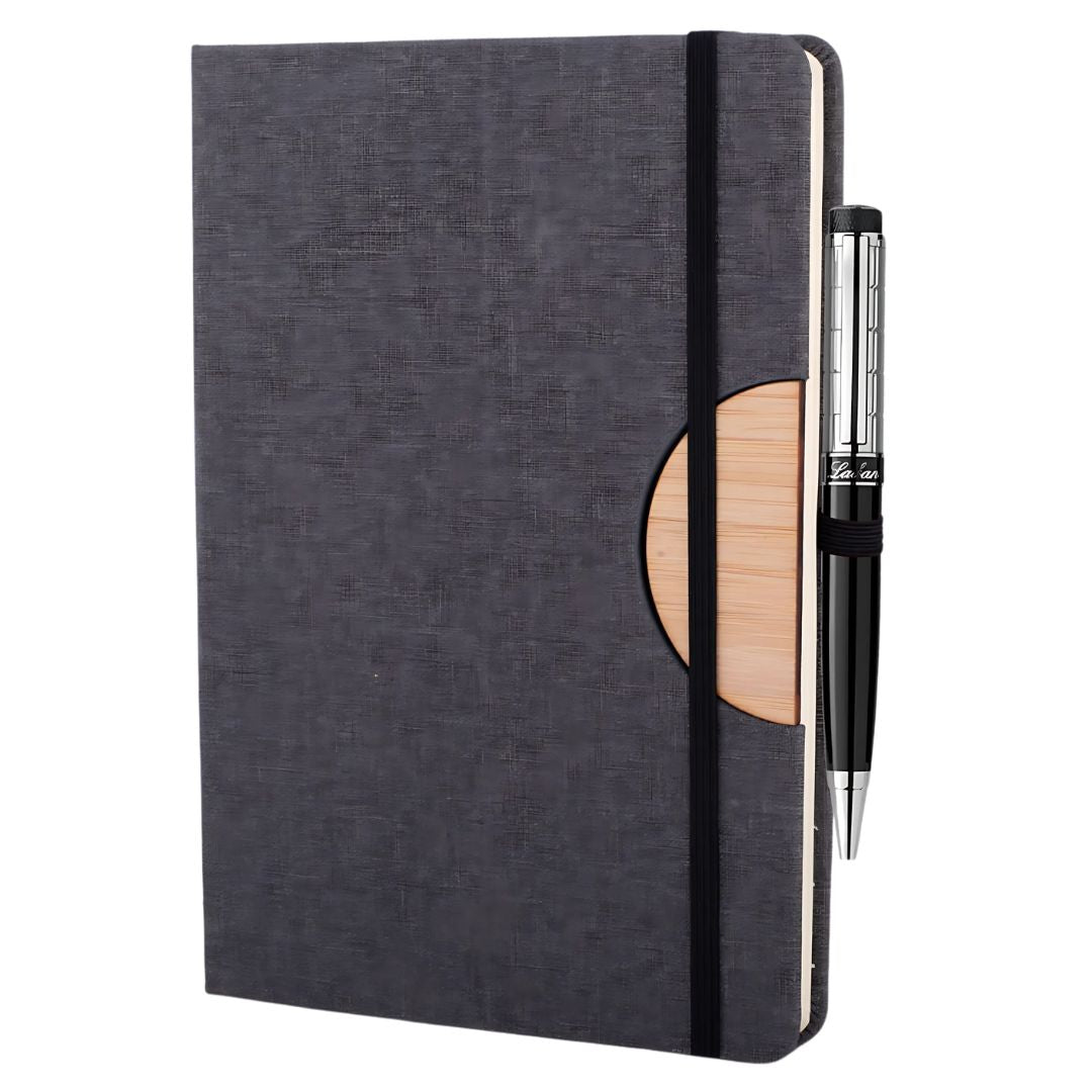 Eco-friendly bamboo notebook with elastic fastener held in hand