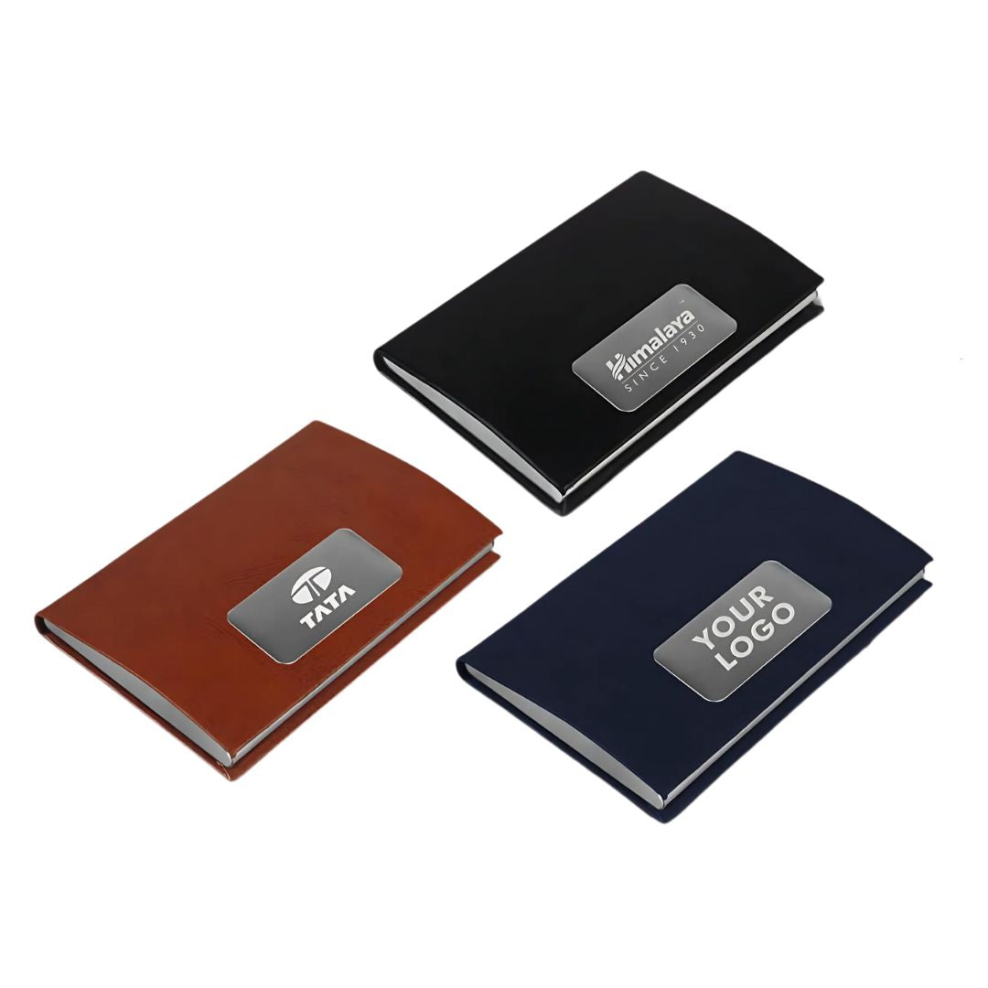 Stainless steel magnetic visiting card holders in black, brown, and blue with branding plates