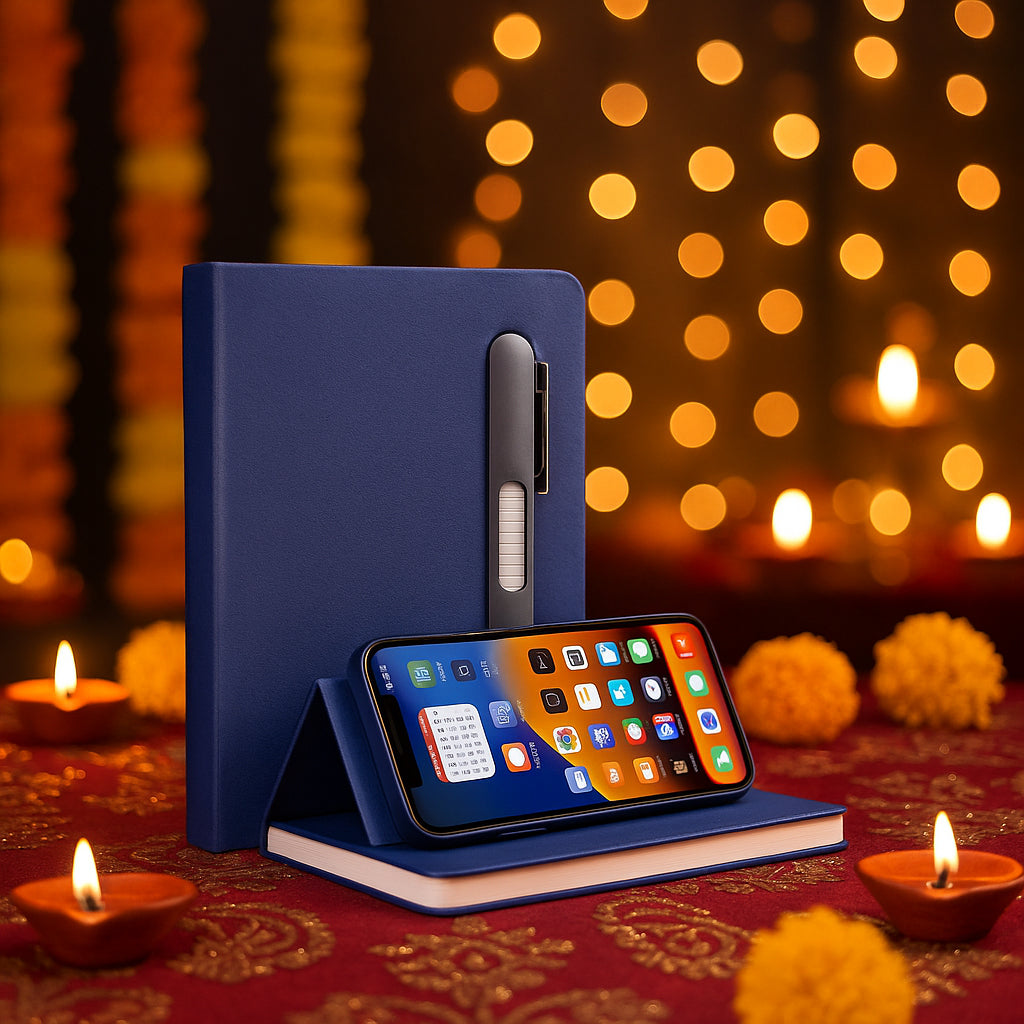 B170 – A5 Notebook with Hard Pen Slot and Folding Cover Phone Stand