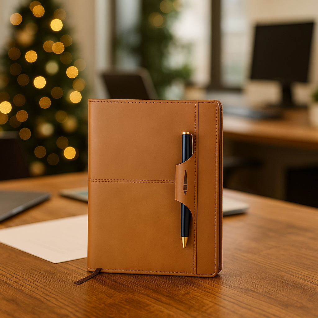 A5 PU notebook with pen loop and stitching design placed on wooden desk