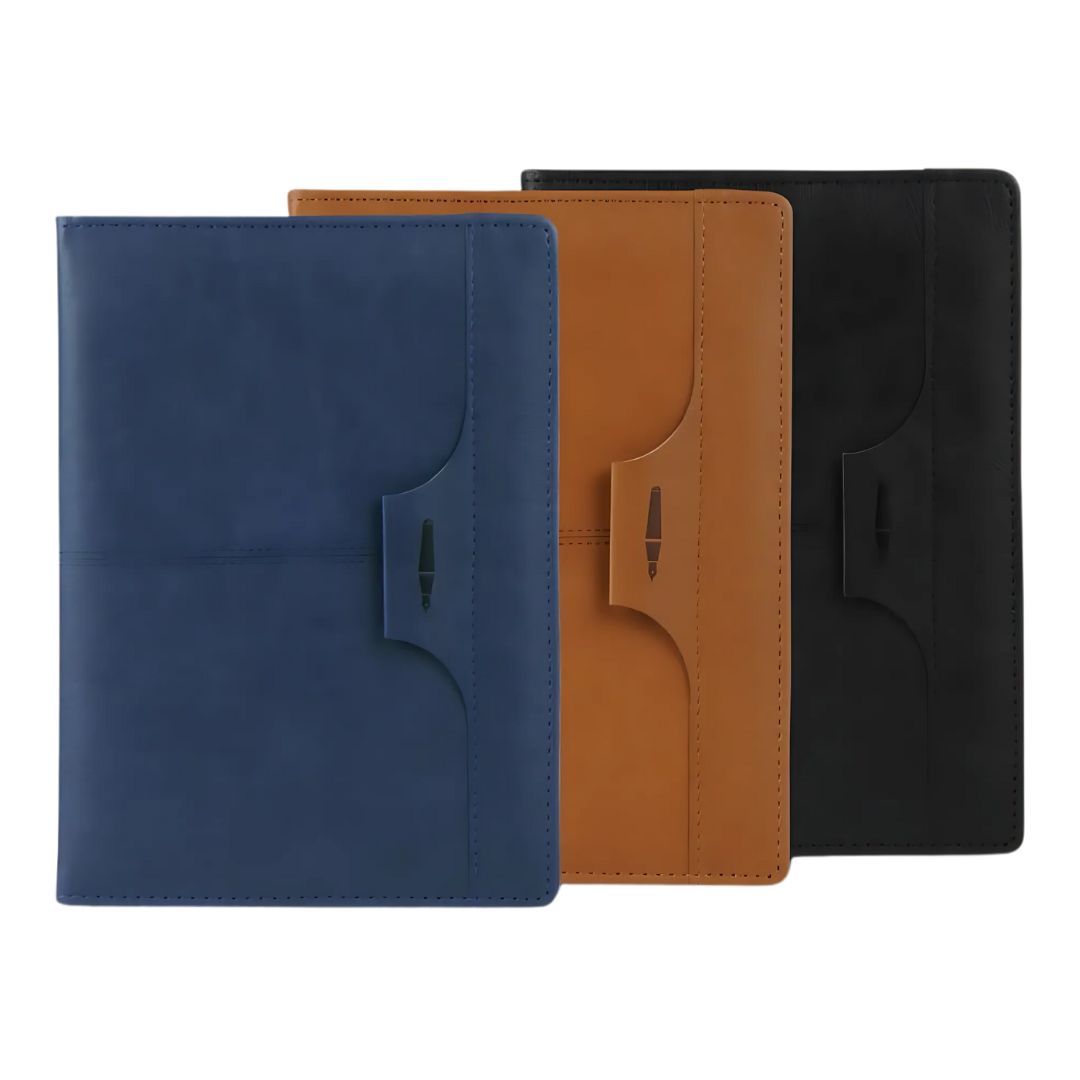 A5 PU notebooks with pen loop in blue, tan, and black colors