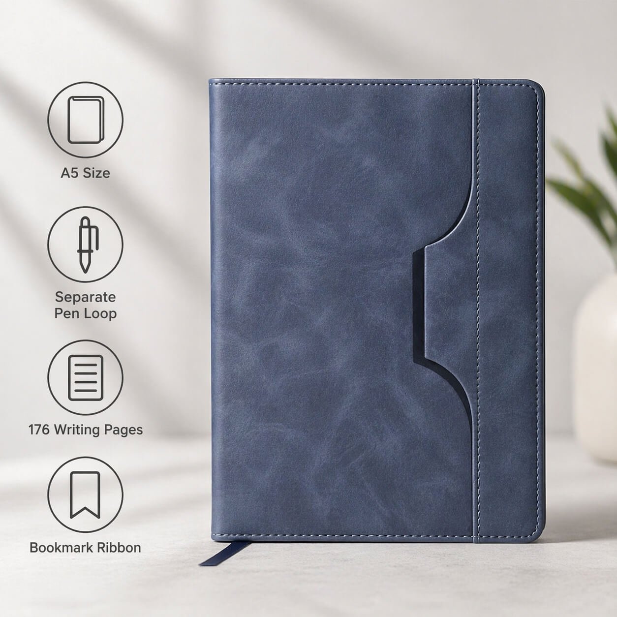 Pen Loop notebook with Vertical Stitching design and bookmark ribbon Blue — corporate gift