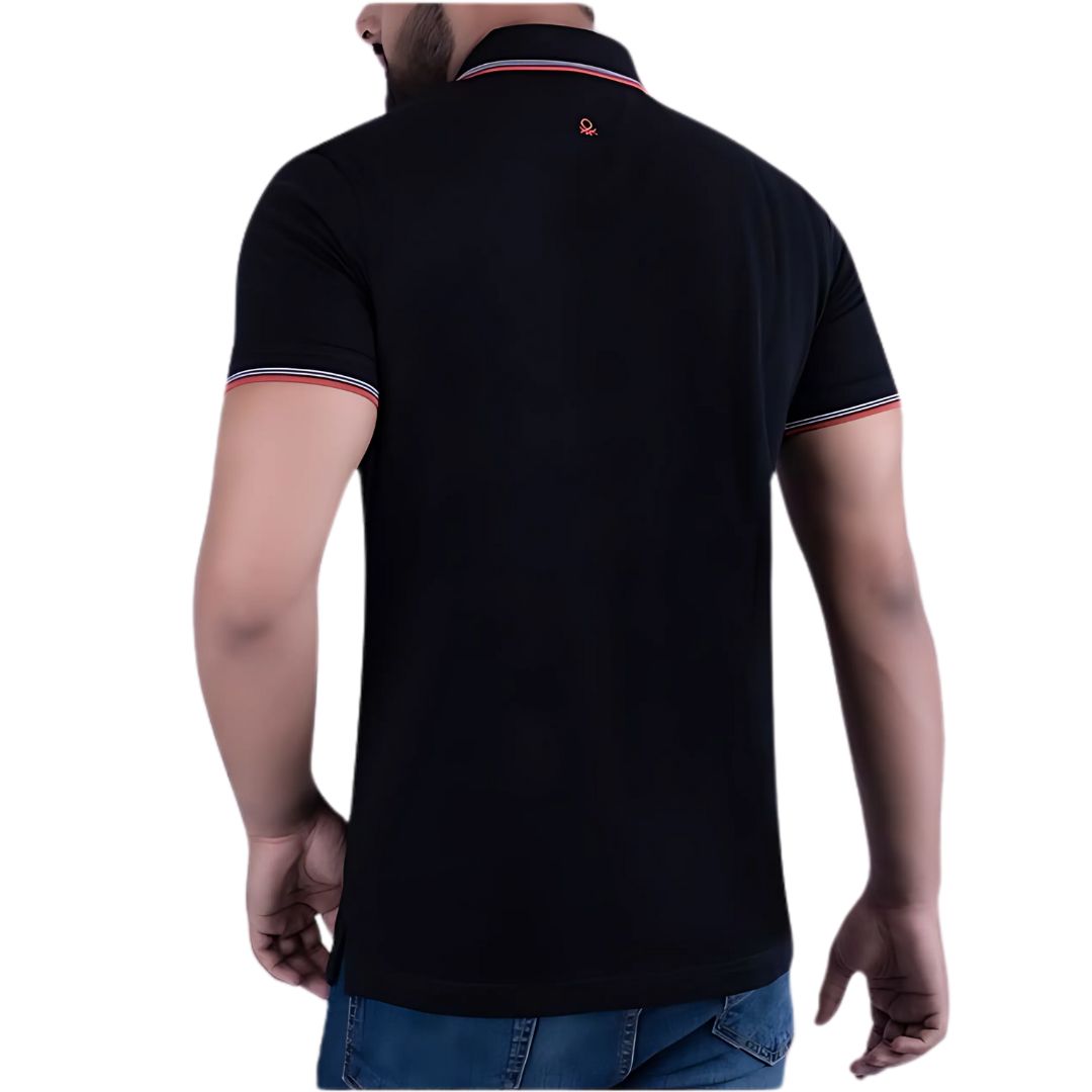 Back view of black Benetton UCB polo t-shirt with tipping on sleeves