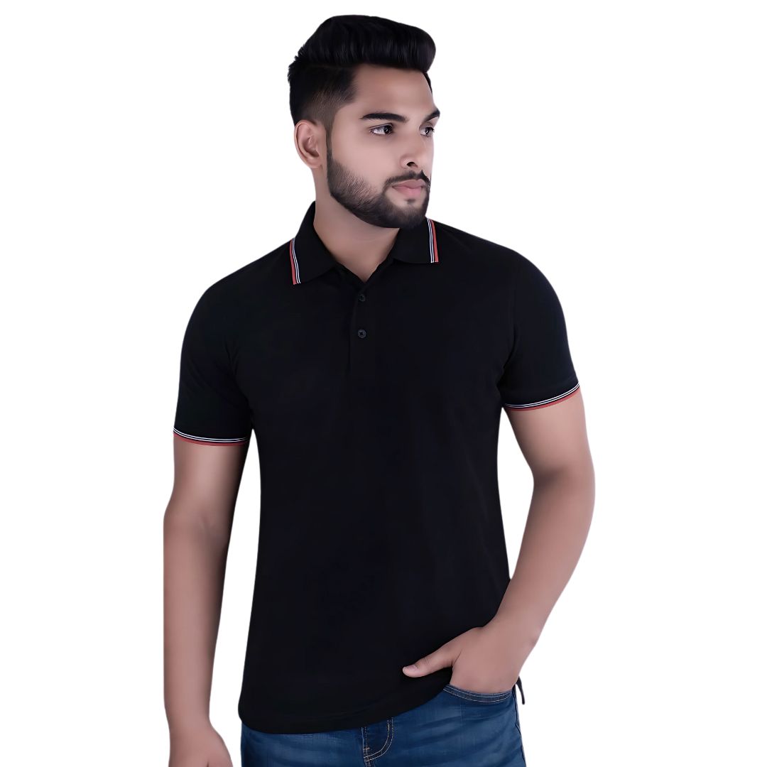 Black Benetton UCB cotton tipping polo t-shirt front view