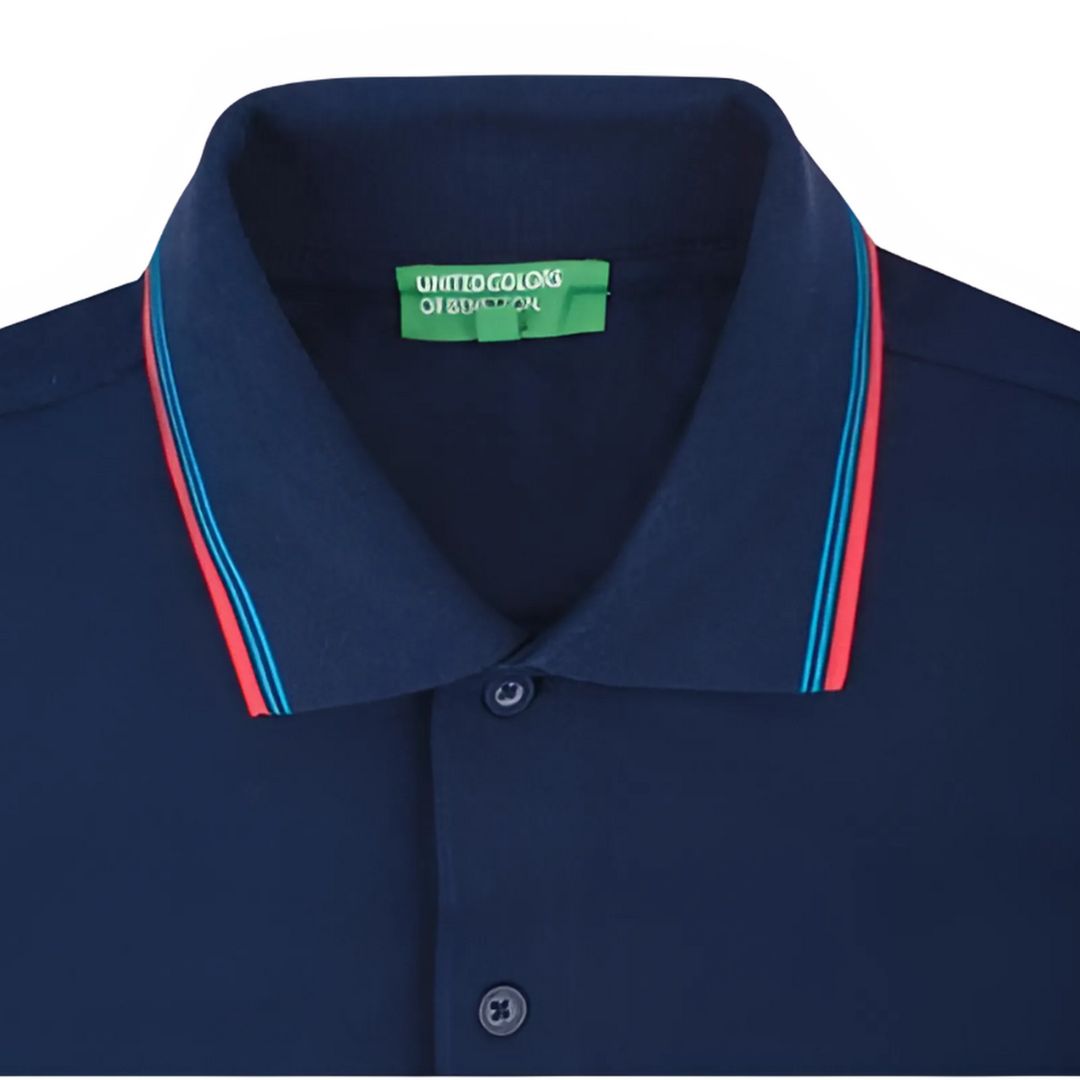 Close-up of UCB Men’s Navy Blue Polo T-Shirt collar and tipping detail