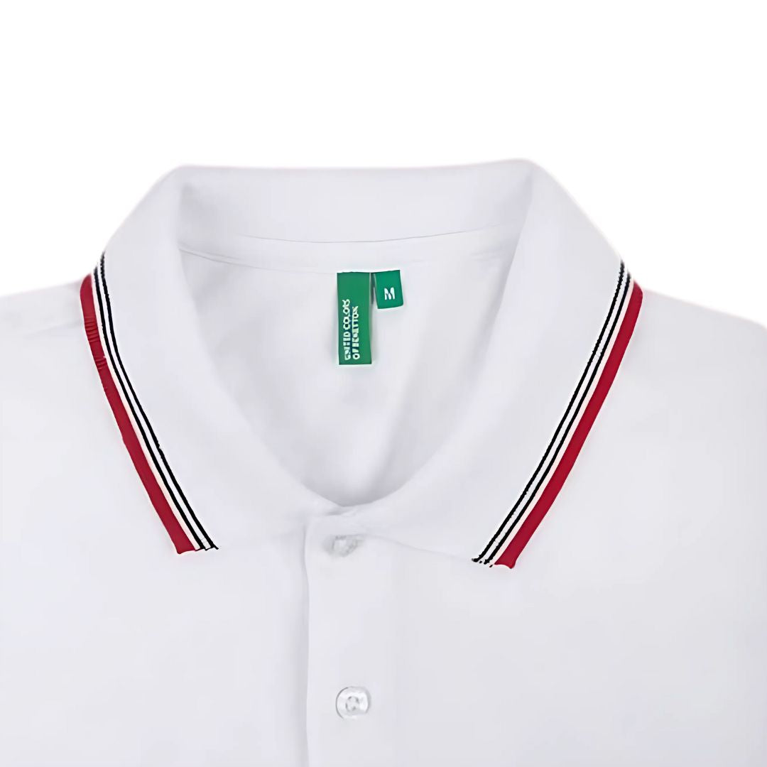 Close-up of Benetton UCB polo T-shirt collar with red and black tipping