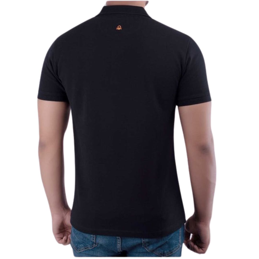 Benetton Black Polo T-Shirt with Jacquard Collar – 100% Cotton