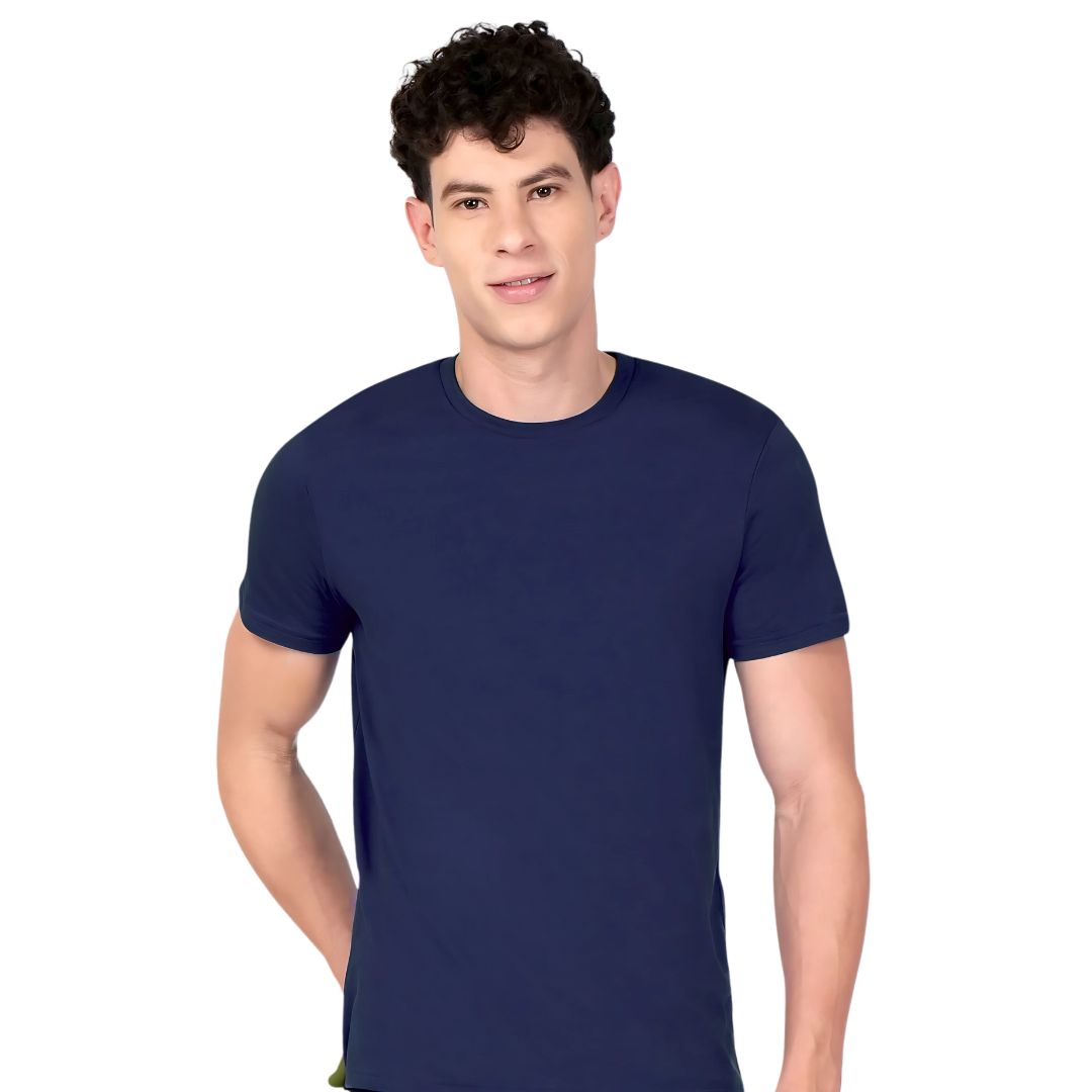 "United Colors of Benetton navy blue round neck cotton t-shirt front view"