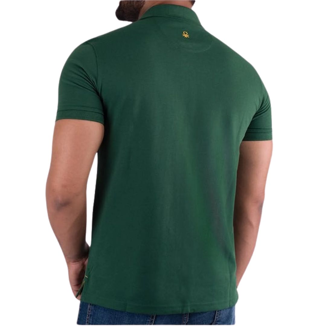 Back view of bottle green Benetton UCB polo t-shirt for men
