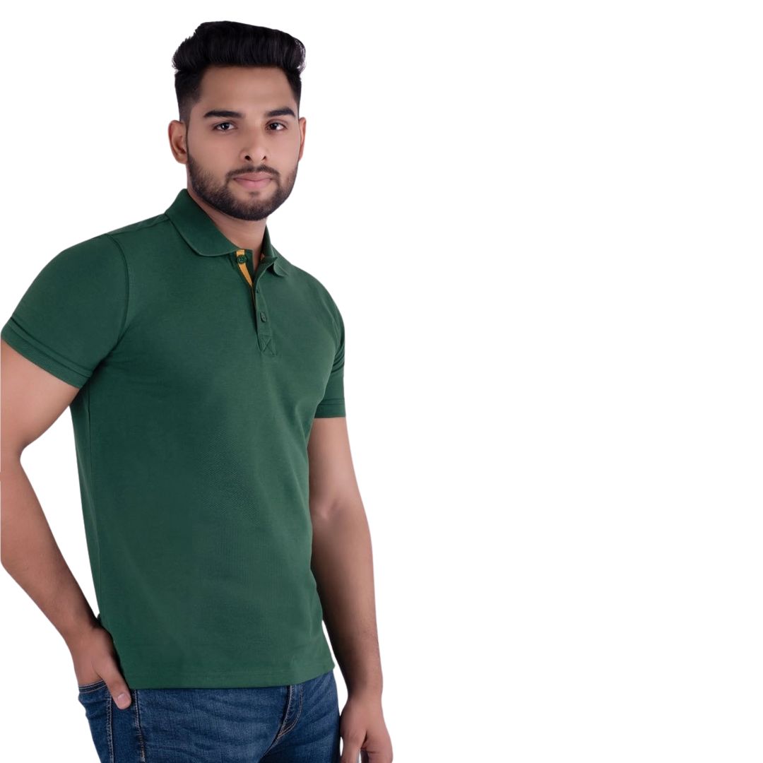 Front view of bottle green Benetton UCB polo t-shirt for men