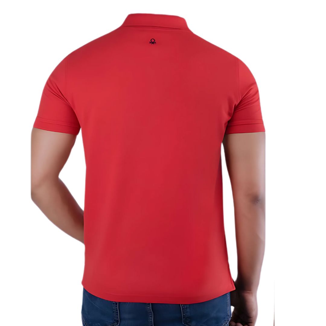 Back view of men’s red Benetton polo t-shirt worn by model