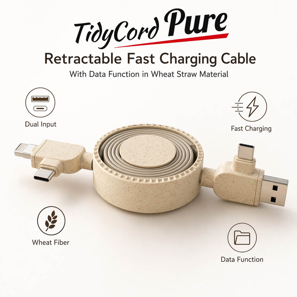TidyCord Pure: Retractable Fast Charging cable with Data function in Wheat Straw material — corporate gift
