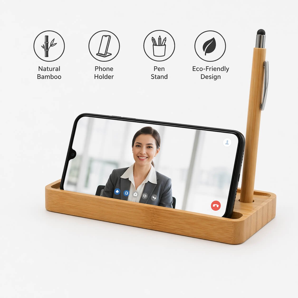 ZenCharge Slim: Bamboo Wireless charger with Phone stand and double Pen stand — corporate gift