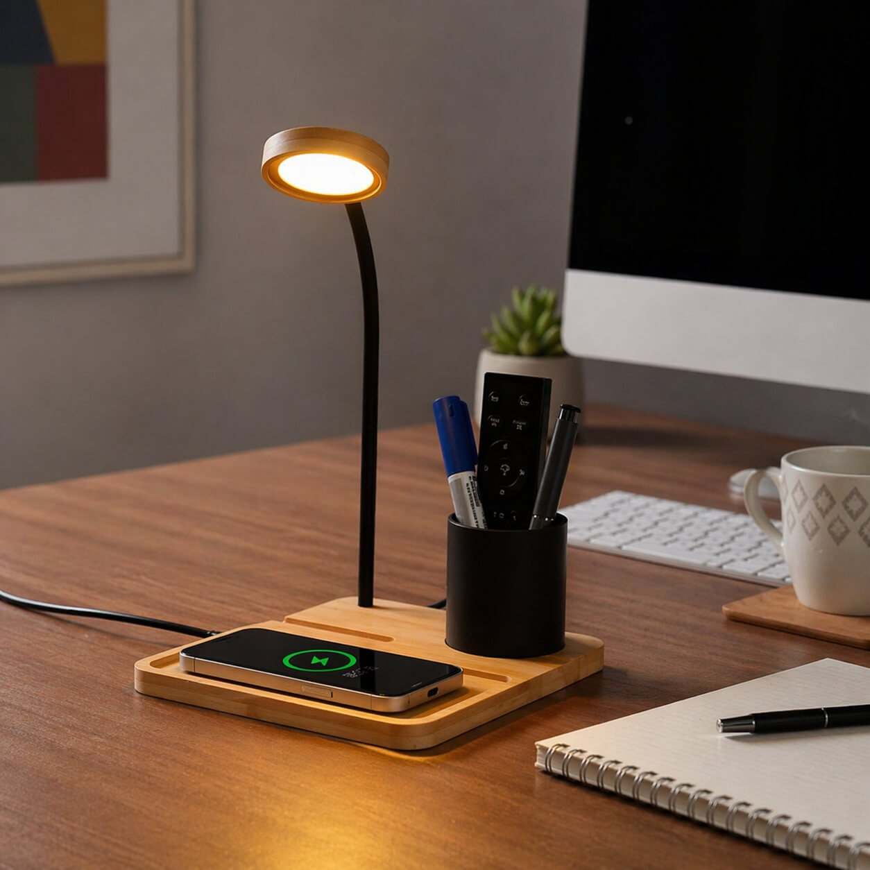 GlowNest: Bamboo Table top with 15W Wireless Charger, LED Lamp, Metal Pen holder & phone stand — corporate gift