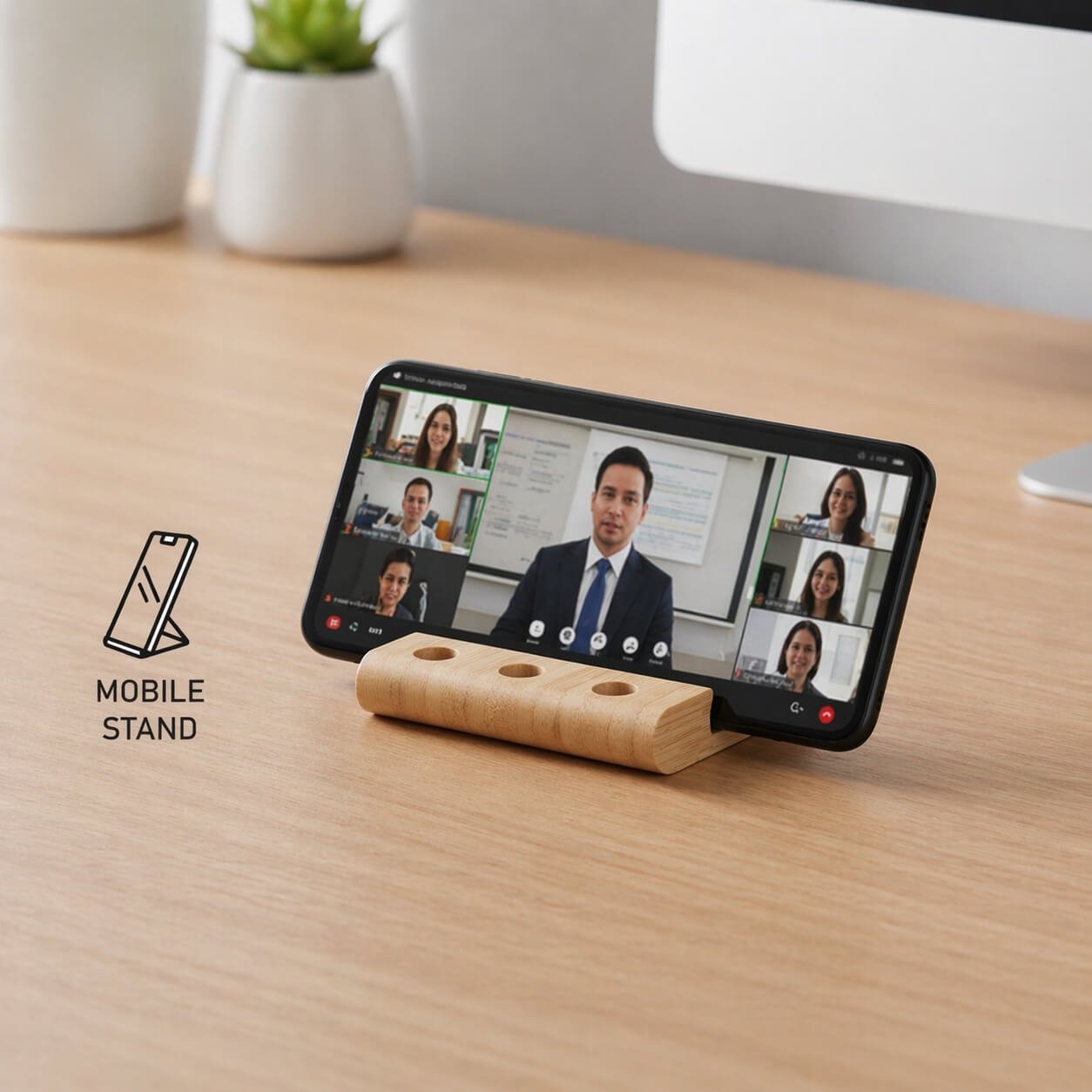 ZenCharge: Bamboo Wireless Charger with phone stand and triple pen stand — corporate gift