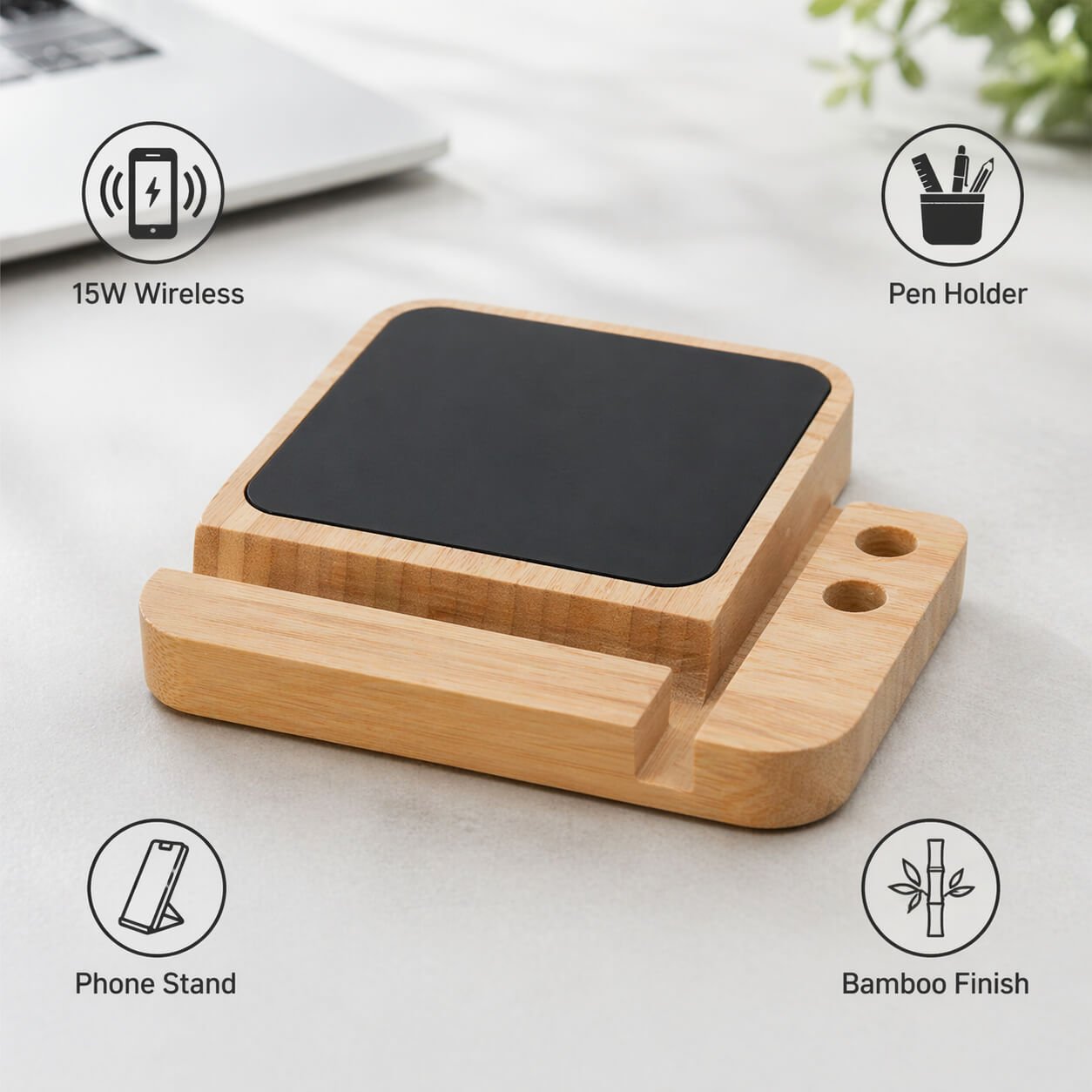 ZenCharge Glow: Bamboo Wireless Charger with Logo Highlight — corporate gift