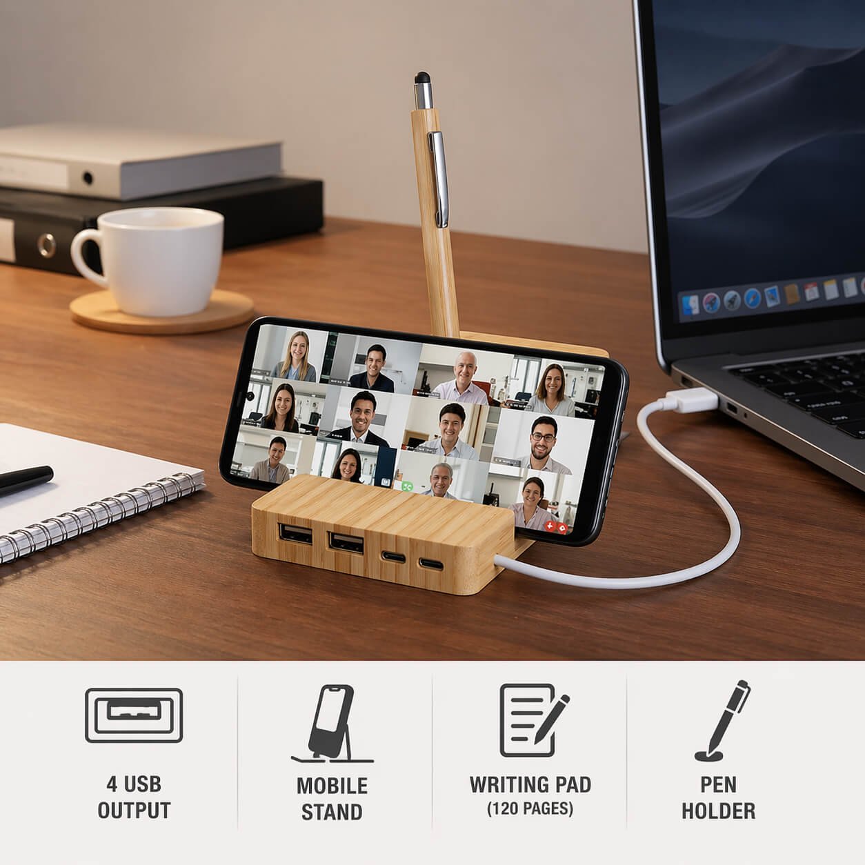 Branchr Pad: Bamboo USB hub with Writing pad and Phone stand — corporate gift