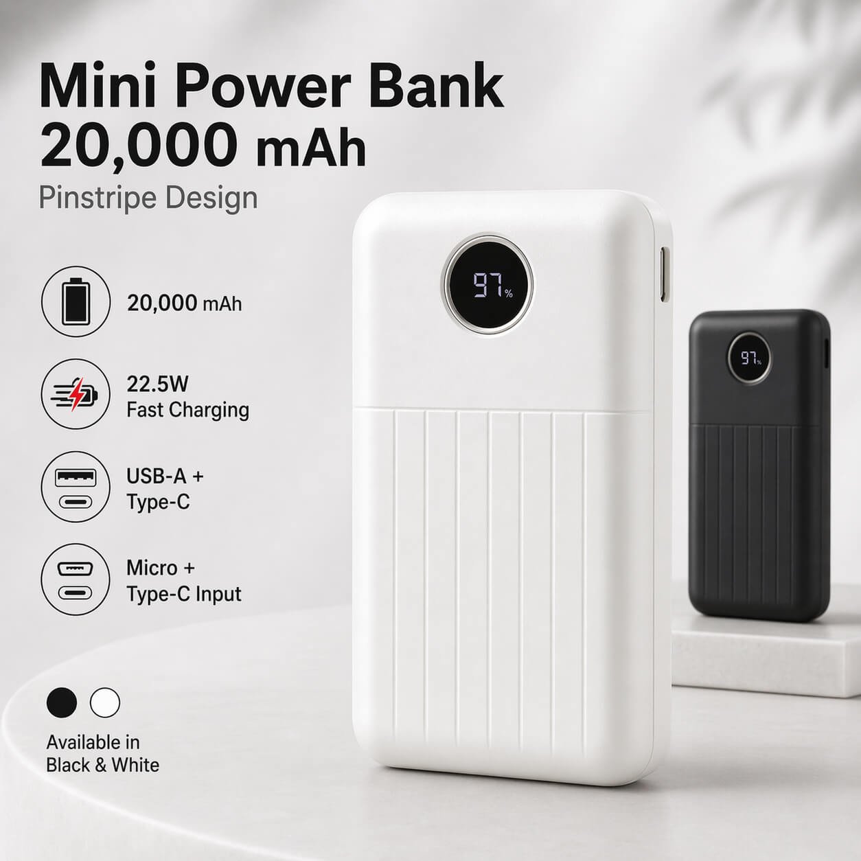 VoltDot 20: 20,000 mAh Mini Power bank with Pinstripe design White — corporate gift
