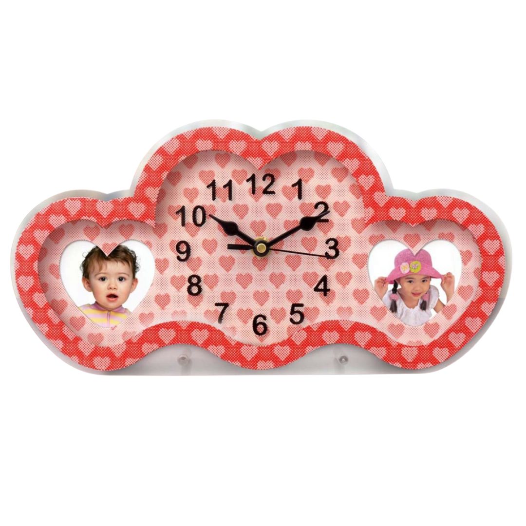 Heart style 3D illusion clock with dual photo frame in red, product close-up