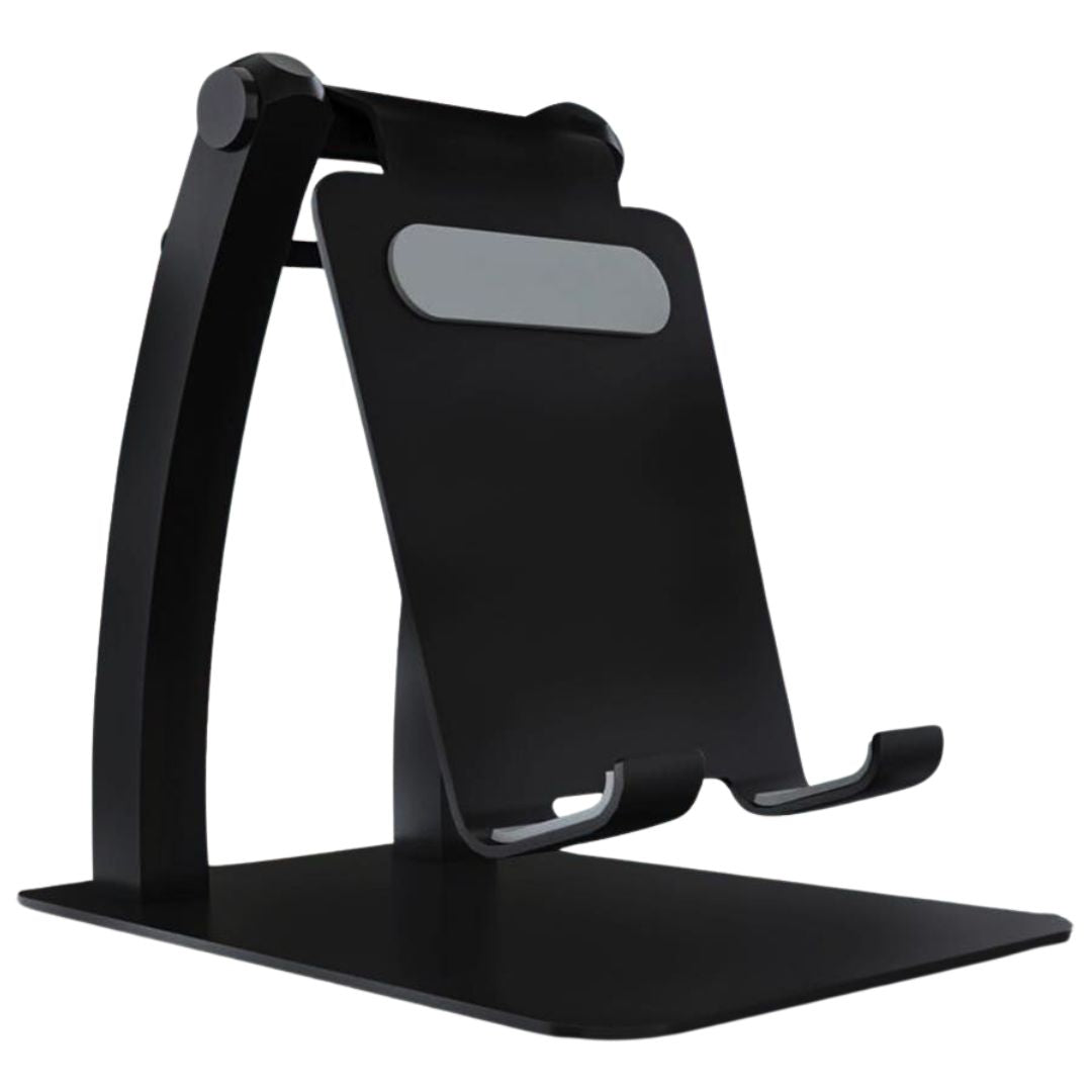 Close-up view of black heavy duty adjustable mobile stand