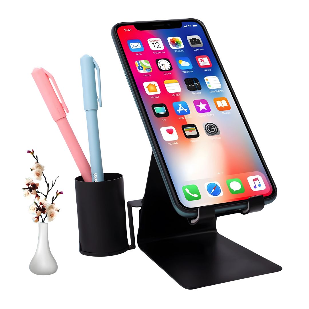 Sleek black mobile stand with charging hole – lifestyle setting