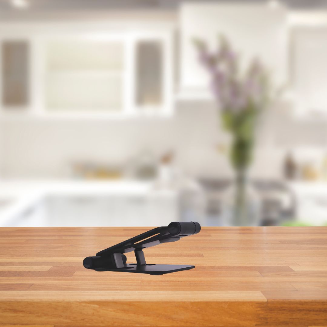 Close-up of Flexo Mini 2 black folding metal mobile stand with sturdy construction