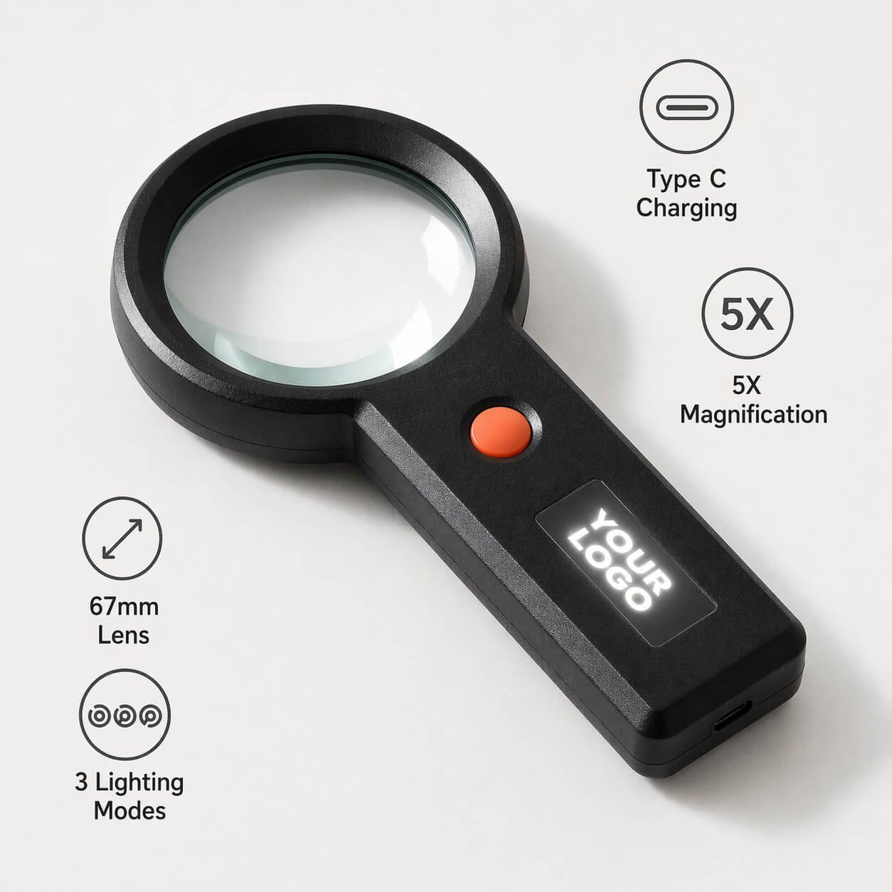 PowerGlow Rechargeable Magnifier with 3 lighting modes & Glowing Black Logo plate — corporate gift