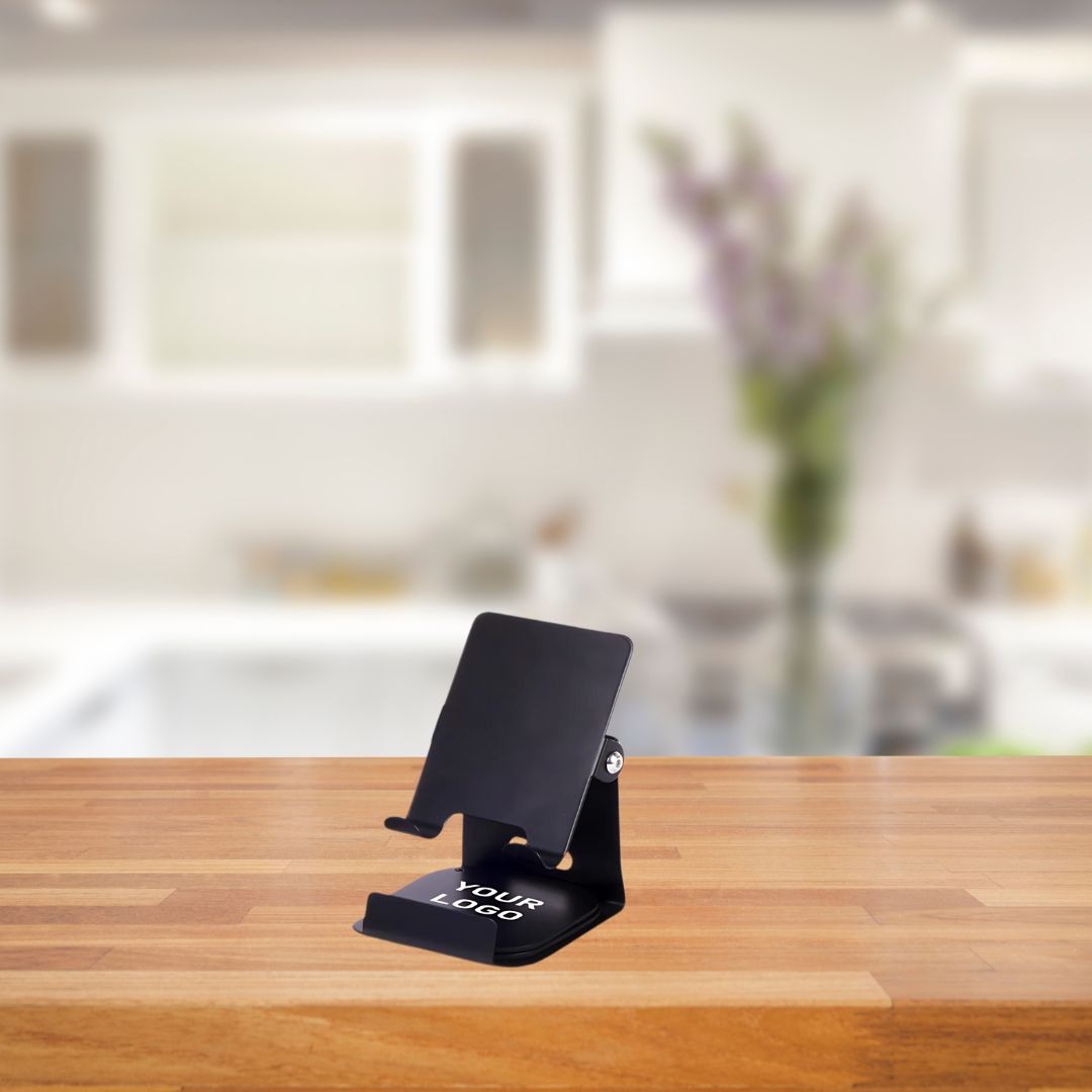 Black adjustable phone stand with custom logo branding area