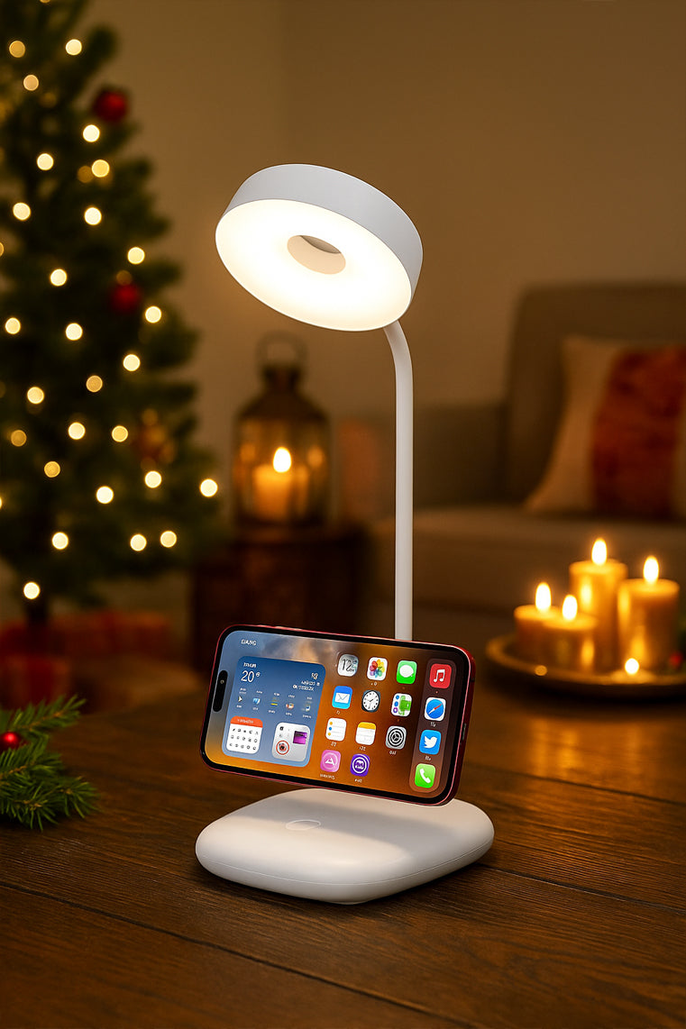 Brighto Square rechargeable LED lamp with mobile stand on a wooden table in lifestyle setting