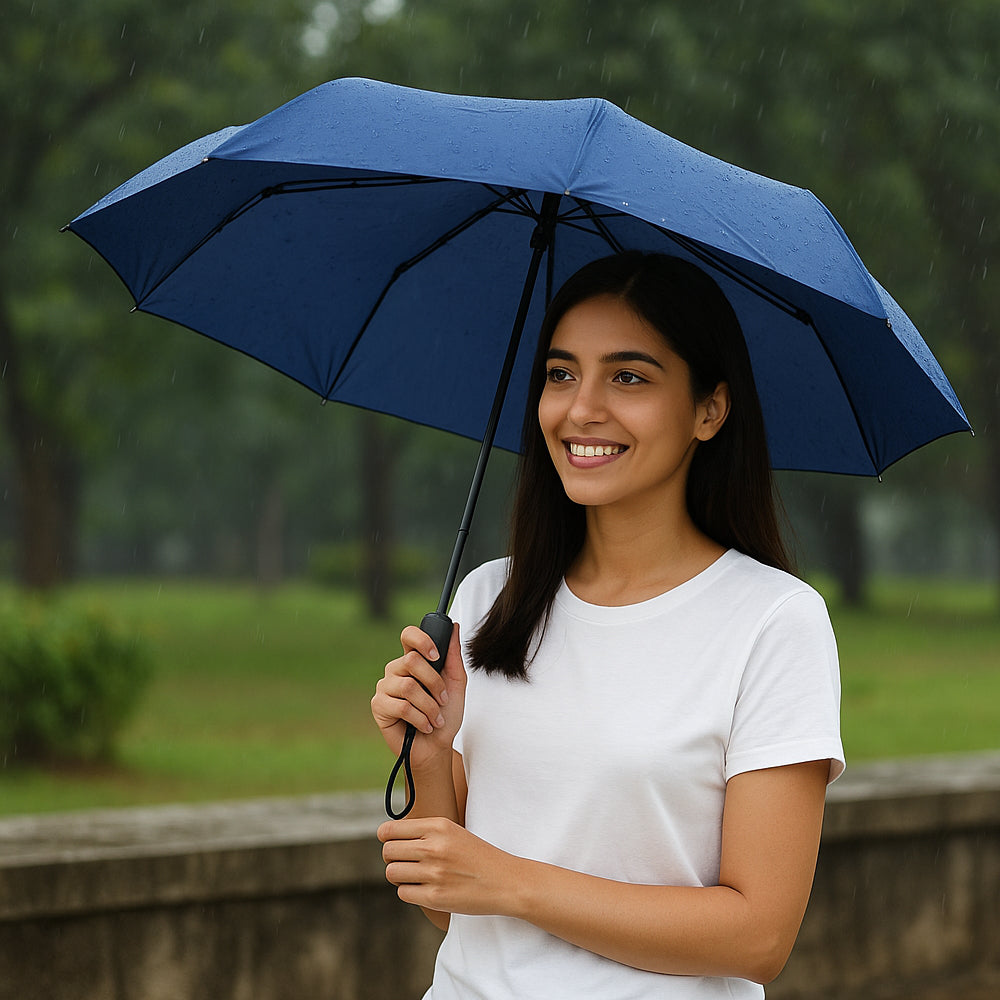 Manual foldable nylon umbrella with UV protection in navy blue and black color