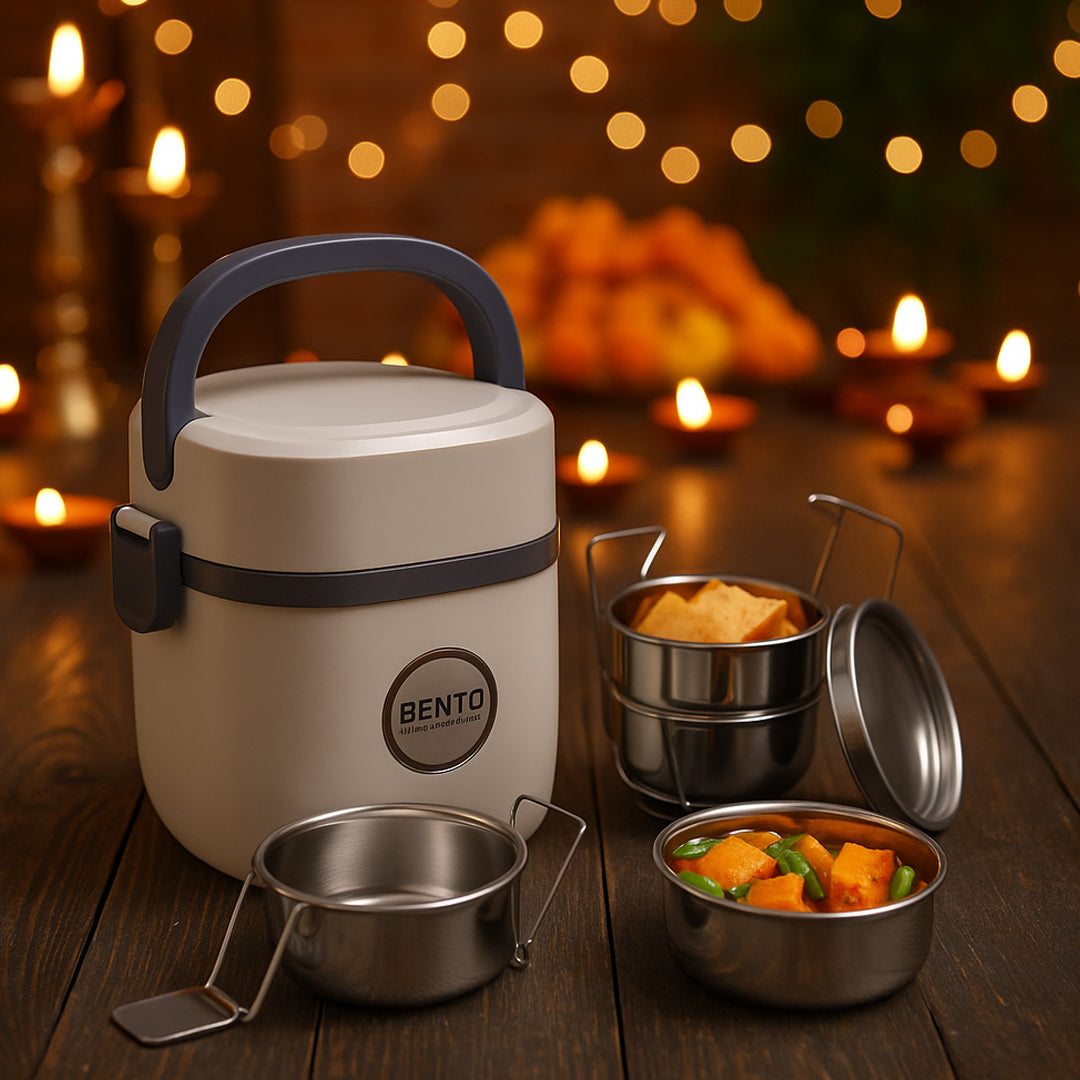 Stainless steel food containers with fresh Indian meal – lunch box set