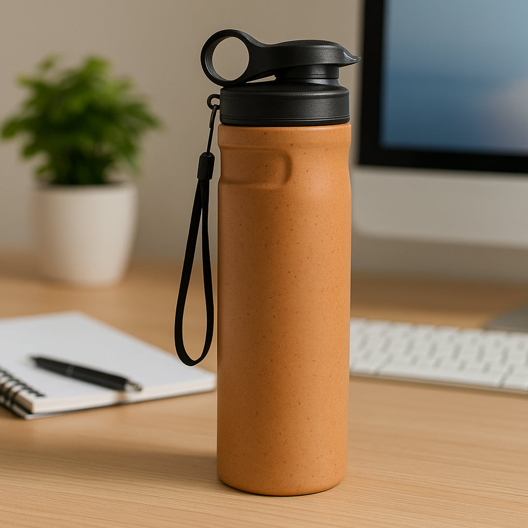 Eco-friendly insulated steel bottle with rice husk outer body, 500 ml