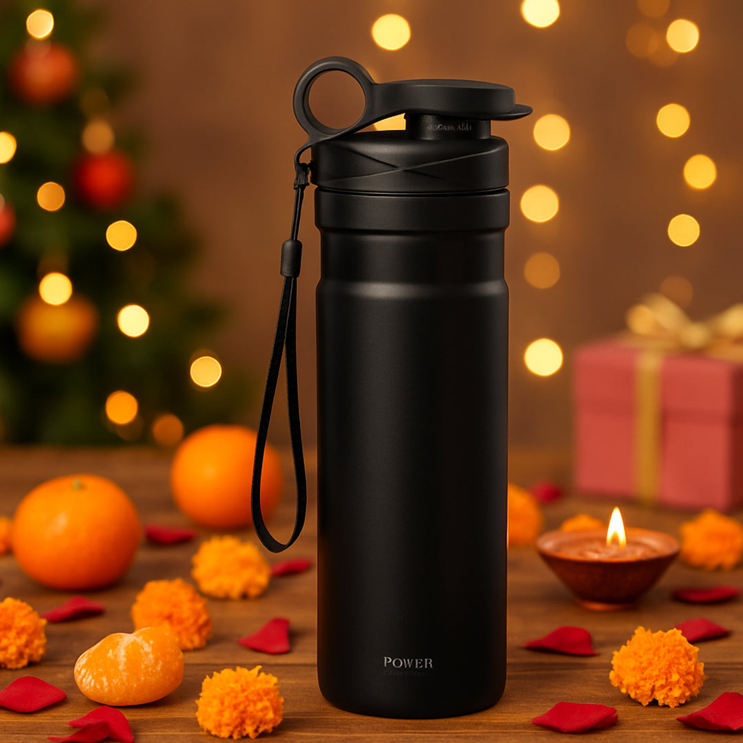 Black stainless steel insulated water bottle with strap and flip top