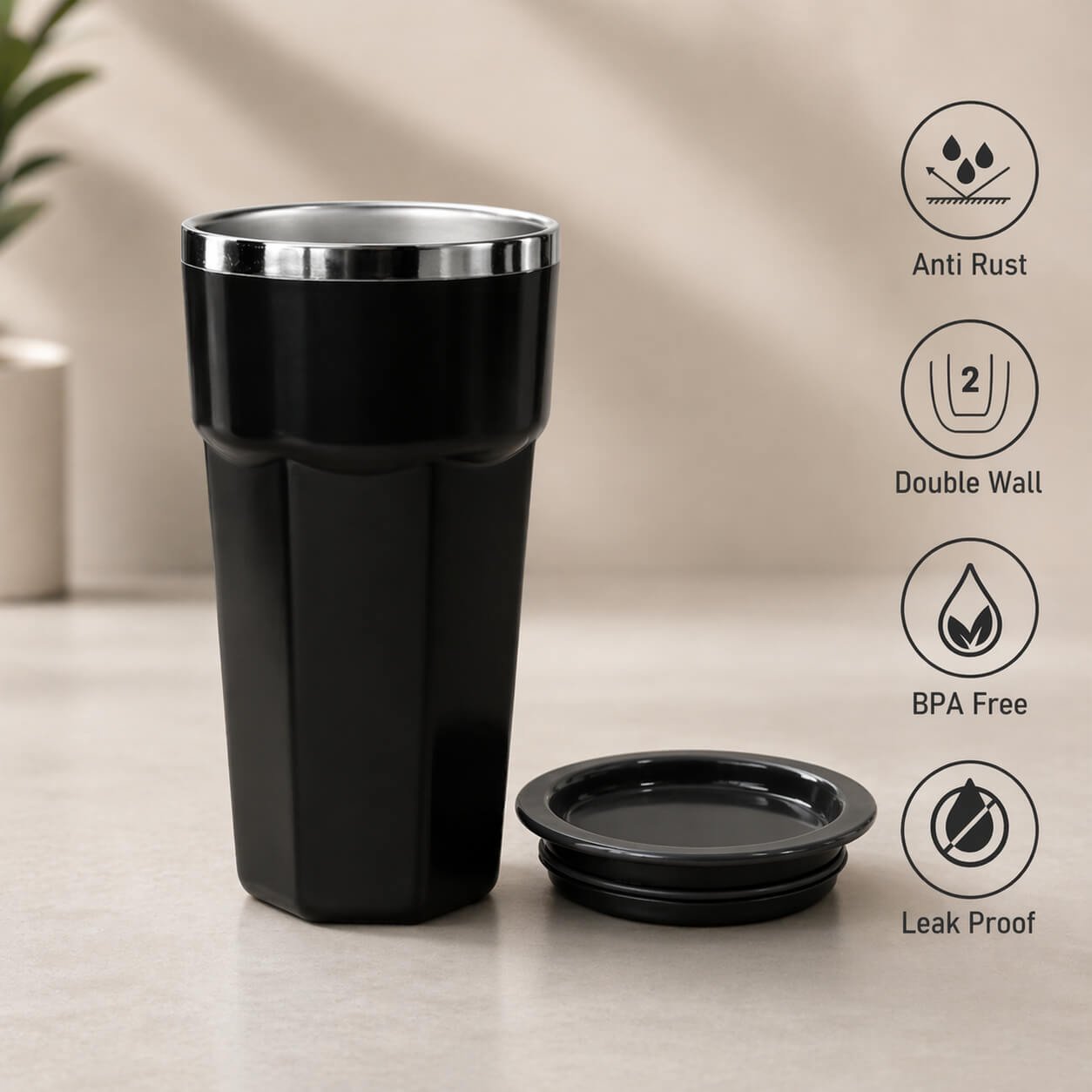Hexa : Tall sipper mug with Stainless steel inside Black — corporate gift