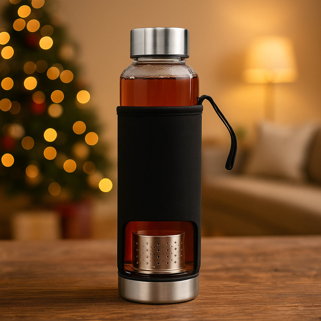 Borosilicate glass bottle with protective sleeve and steel cap