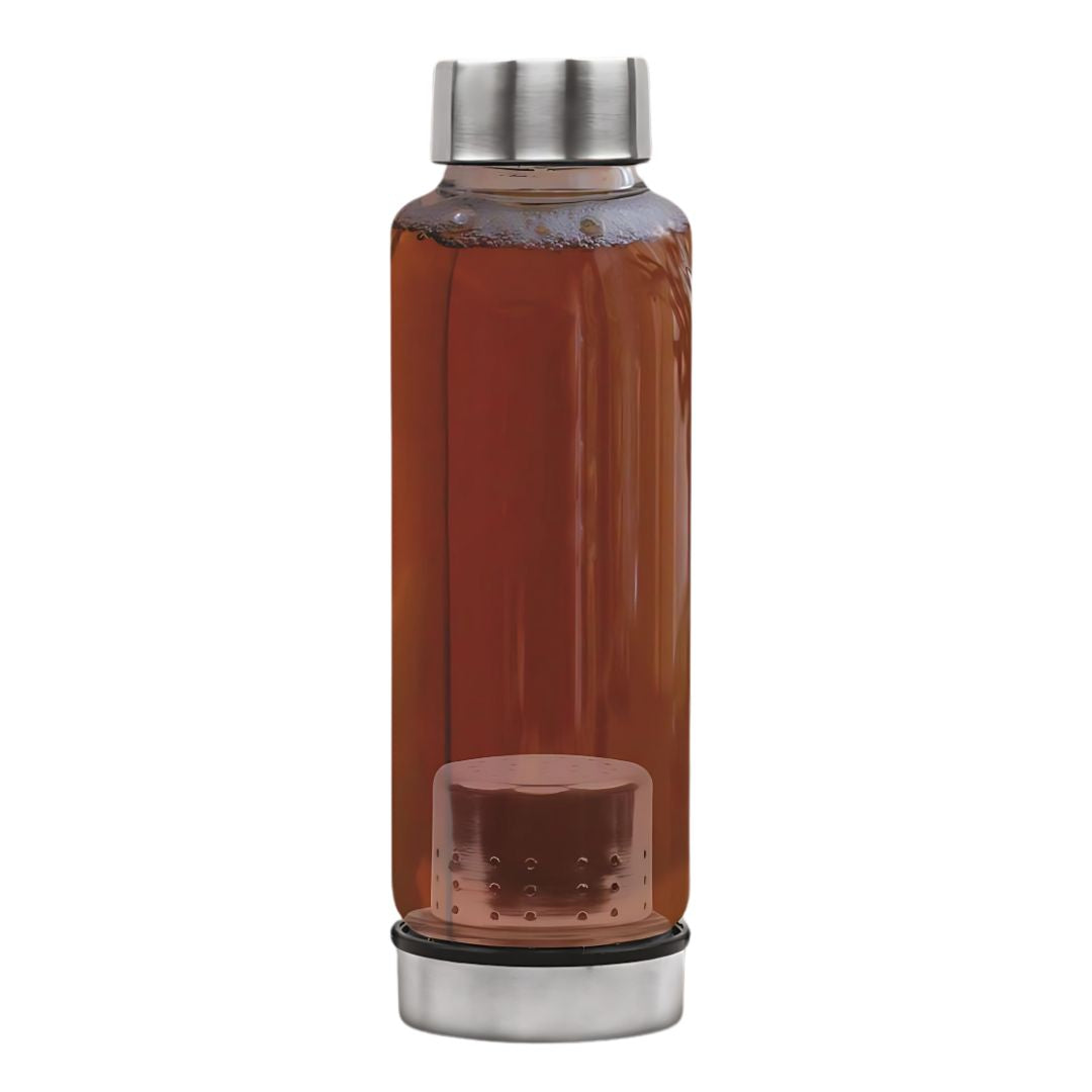 Clear borosilicate glass bottle with built-in steel tea infuser