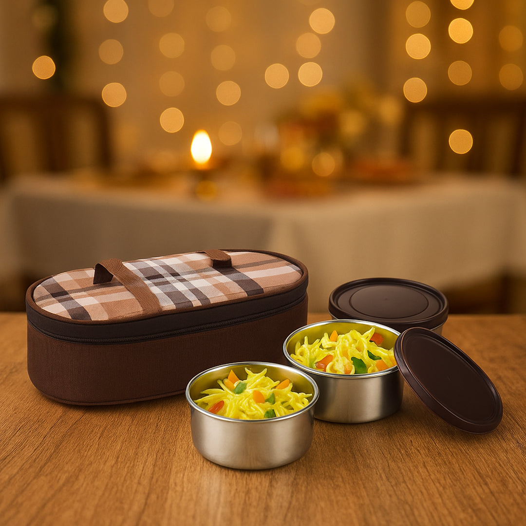 Lifestyle shot of Zippy Go lunch bag with stainless steel containers on wooden table
