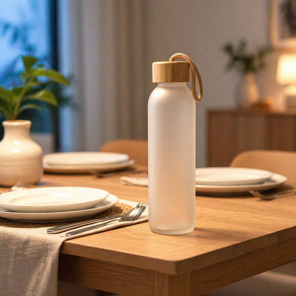 BambooCloud: Frosted Glass Bottle with Natural Bamboo Cap & Carry Loop — corporate gift