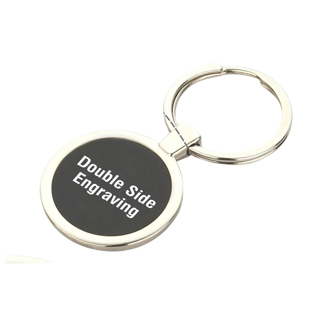 Round metal keychain with black plate – back view, double side logo engraving