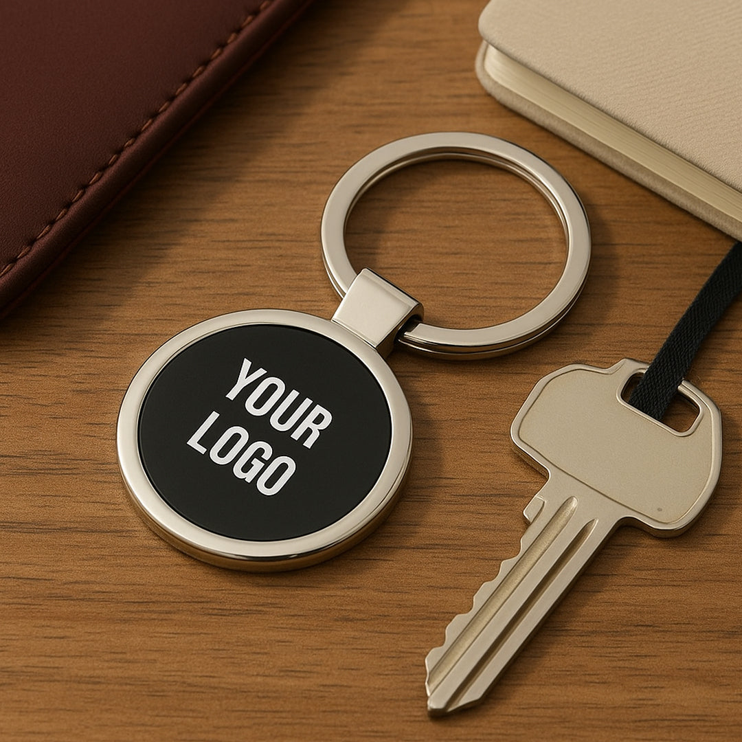 Round metal keychain with black plate – front view, customizable engraving