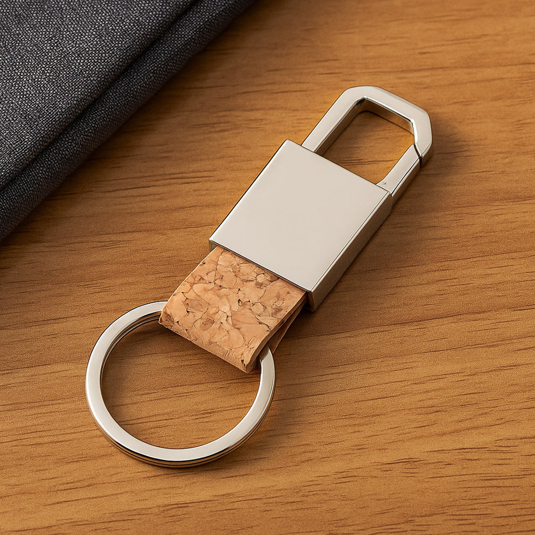 Full view of rectangle hanging metal keychain with cork strap