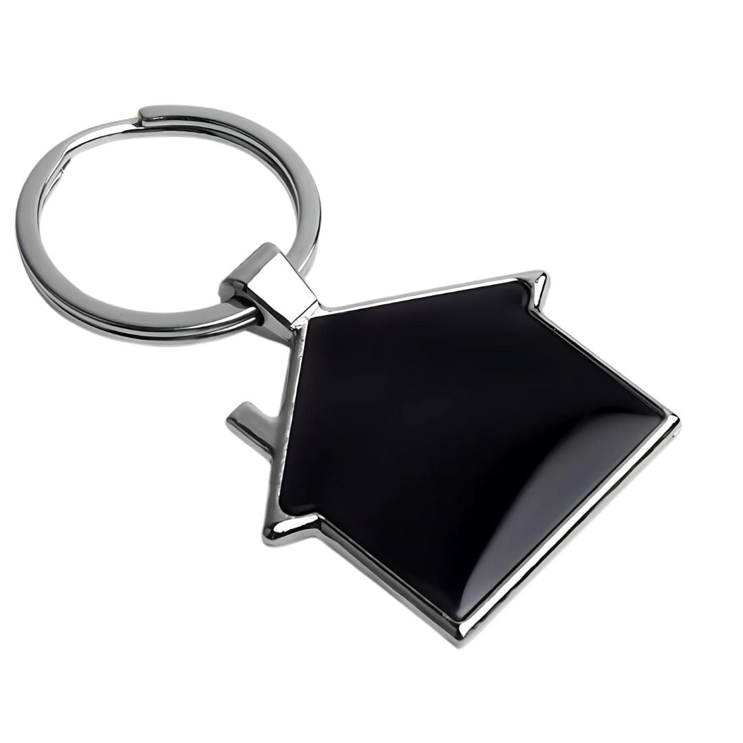 Hut shape metal keychain with customizable gunmetal plate – front view