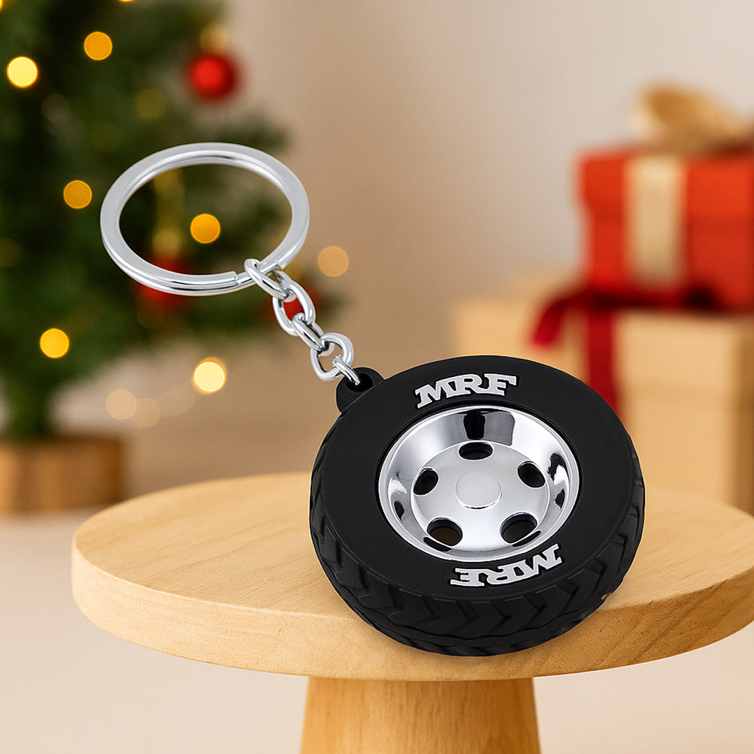 Tyre shape keychain with chrome finish front view for automobile gifting